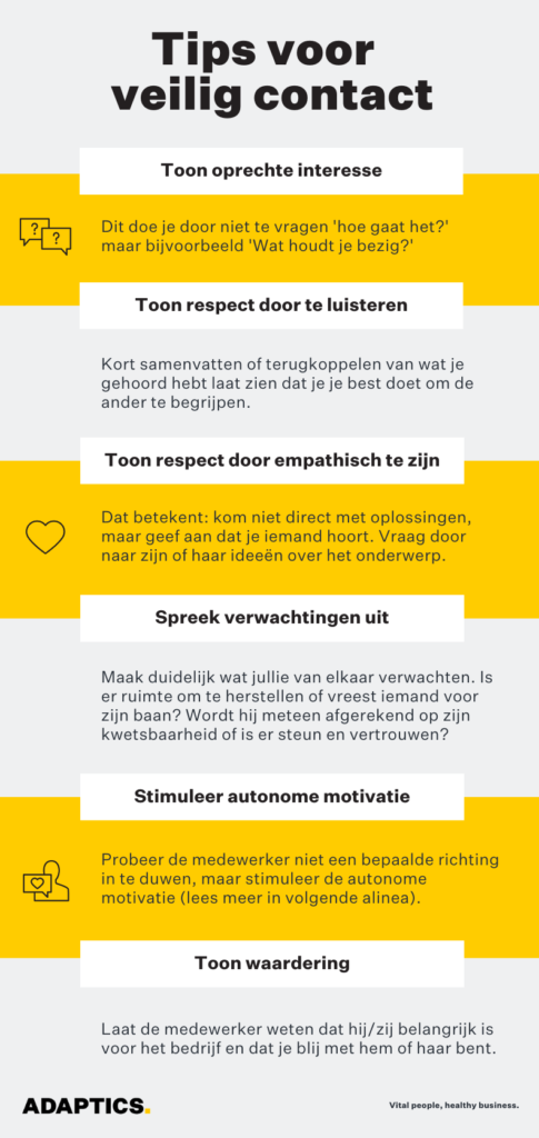 Tips voor het realiseren van veilig contact: toon oprechte interesse, toon respect door te luisteren en empathisch te zijn, spreek verwachtingen uit, stimuleer autonome motivatie en toon waardering.